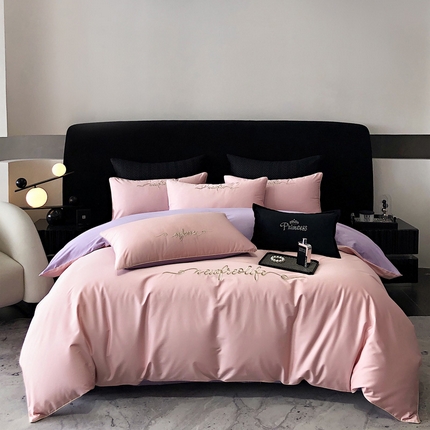 禧澜庭 2025新款高支纯棉全棉斜纹四件套刺绣绣花款轻奢三件套--卡罗系列 戴妃粉+魅紫