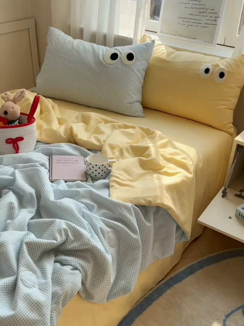 91家纺网 家纺一手货源 找家纺 慕尚家纺 2025新款大眼萌仔夏被 大眼萌 蓝格黄