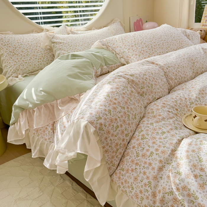 91家纺网 家纺一手货源 找家纺 苏拉家居 2025新款雪纺花边云感提花针织双层纱四件套 繁花