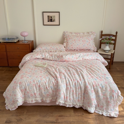 乐童家纺 2025纯棉A类双层纱双花边工艺小清新四件套 梨花院