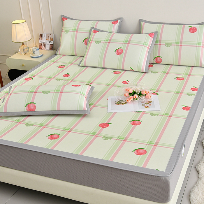 91家纺网 家纺一手货源 找家纺 简一 2025新款A类碳光印花数码冰丝凉席系列-床笠款 水蜜桃-绿