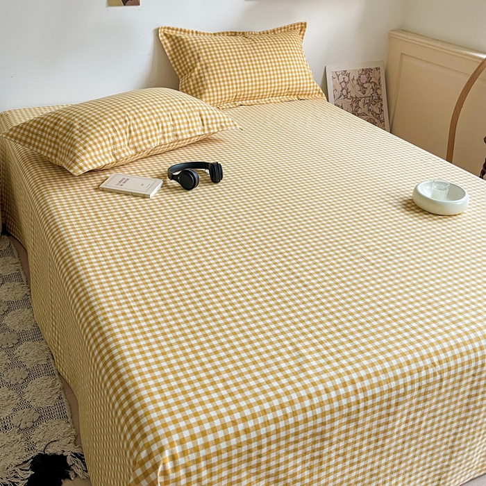 91家纺网 家纺一手货源 找家纺 久云居 2025新款亲肤舒适全棉色织防水床单 黄小格