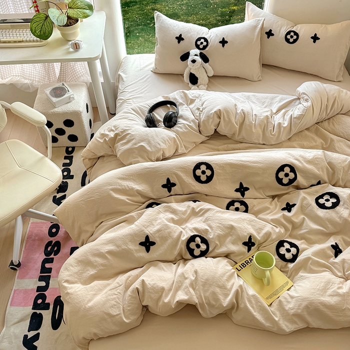 91家纺网 家纺一手货源 找家纺 耀达家居 2025新款A类水洗棉毛巾绣四件套 四叶草-咖