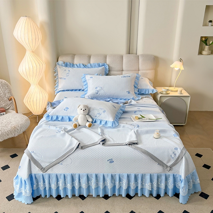 91家纺网 家纺一手货源 找家纺 2025新款A类冰豆豆提花凉席床盖 床盖款-卡皮巴拉-雾蓝