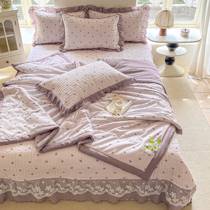 91家纺网 家纺一手货源 找家纺 2025新款直播热款A类针织棉双层纱床盖款夏被四件套 米娅