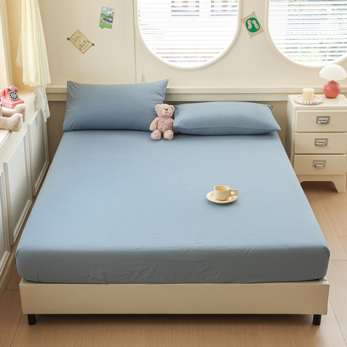 91家纺网 家纺一手货源 找家纺 2025新款全棉A类简约素色水洗棉纯棉单床笠 浅蓝