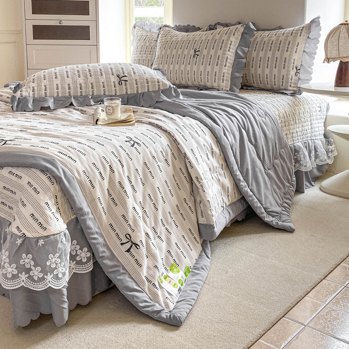 91家纺网 家纺一手货源 找家纺 2025新款直播热款A类针织棉双层纱床盖款夏被四件套 min-灰