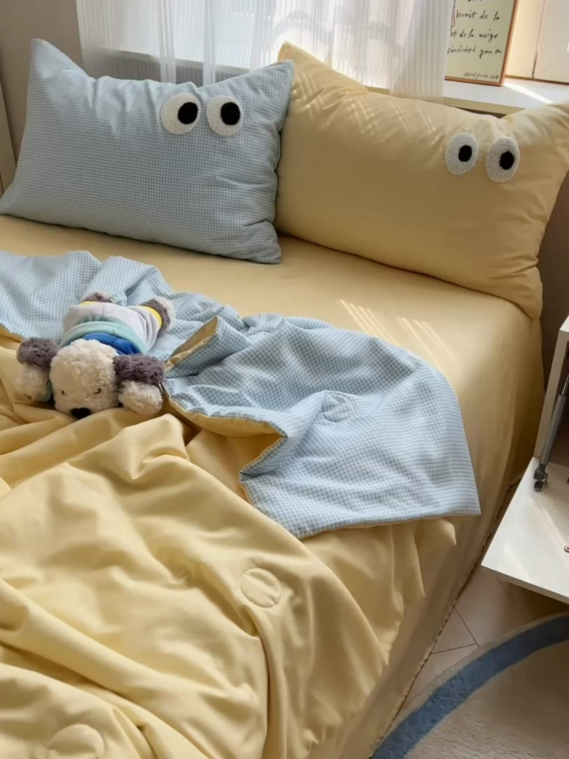 91家纺网 家纺一手货源 找家纺 慕尚家纺 2025新款大眼萌仔夏被 大眼萌 黄蓝格