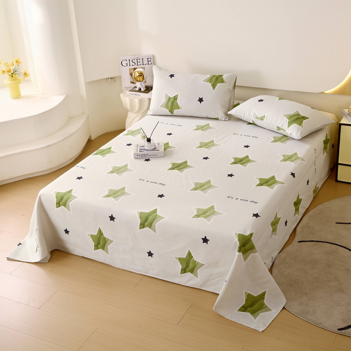 91家纺网 家纺一手货源 找家纺 爱彼家纺 2025春夏新款古艺原棉老粗布床单三件套凉席-系列四 星绿