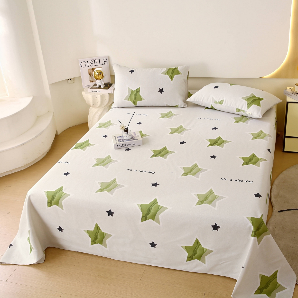 91家纺网 家纺一手货源 找家纺 爱彼家纺 2025春夏新款古艺原棉老粗布床单三件套凉席-系列四 星绿