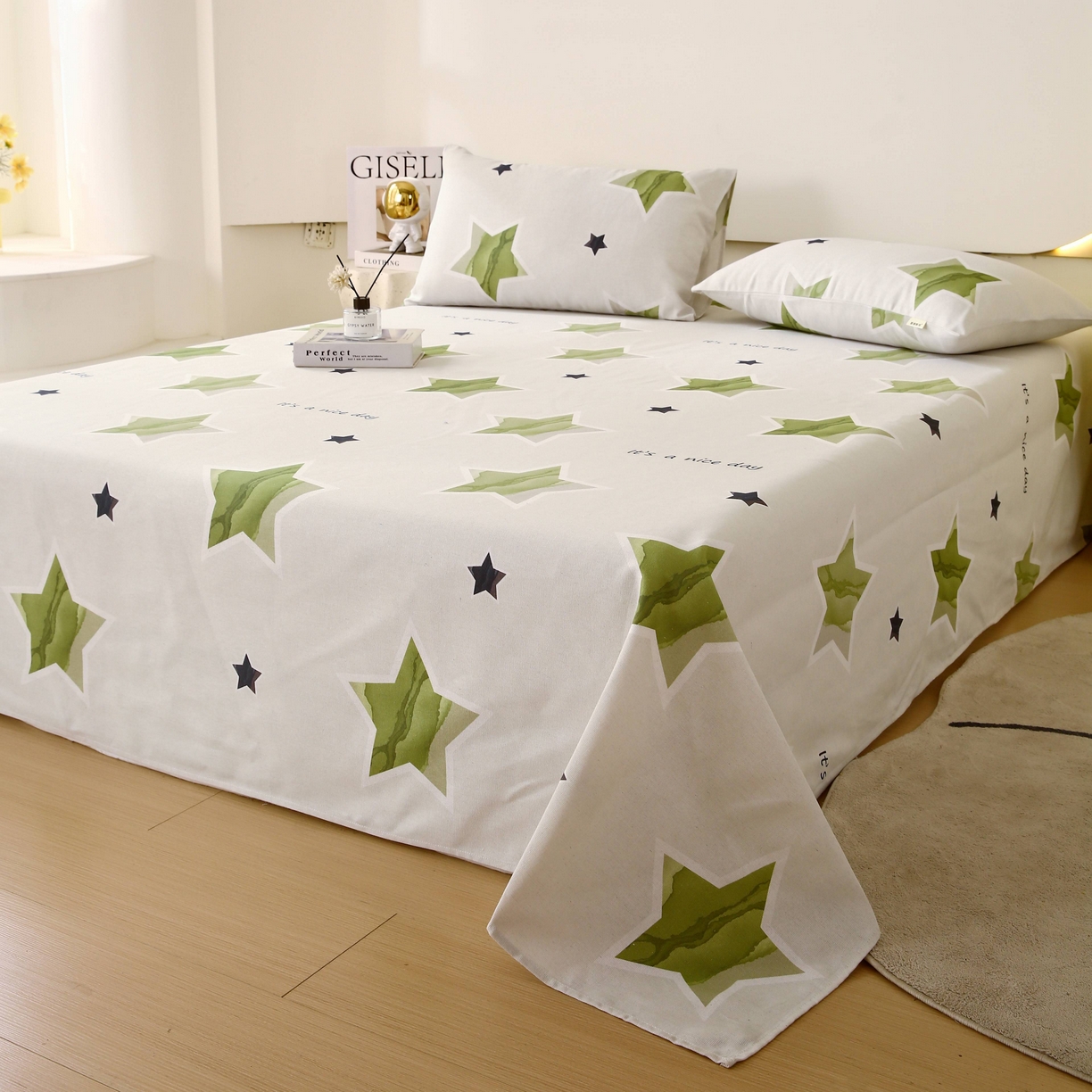 91家纺网 家纺一手货源 找家纺 爱彼家纺 2025春夏新款古艺原棉老粗布床单三件套凉席-系列四 星绿