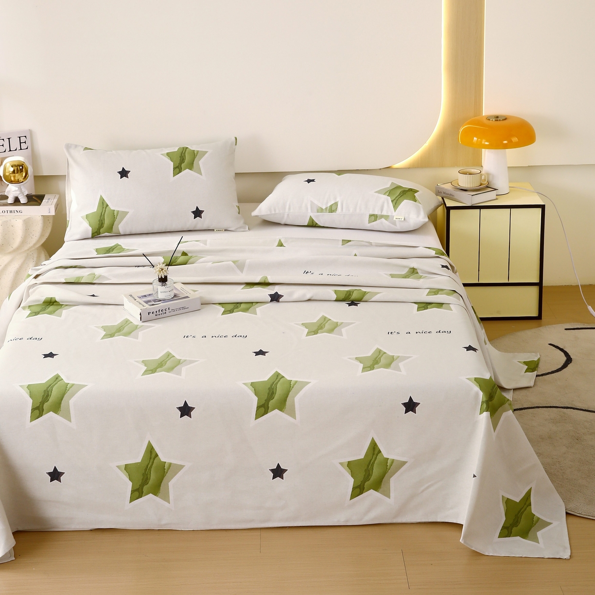 91家纺网 家纺一手货源 找家纺 爱彼家纺 2025春夏新款古艺原棉老粗布床单三件套凉席-系列四 星绿