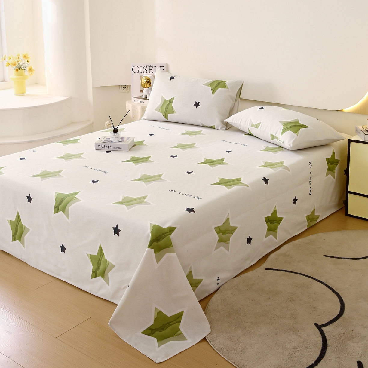 91家纺网 家纺一手货源 找家纺 爱彼家纺 2025春夏新款古艺原棉老粗布床单三件套凉席-系列四 星绿