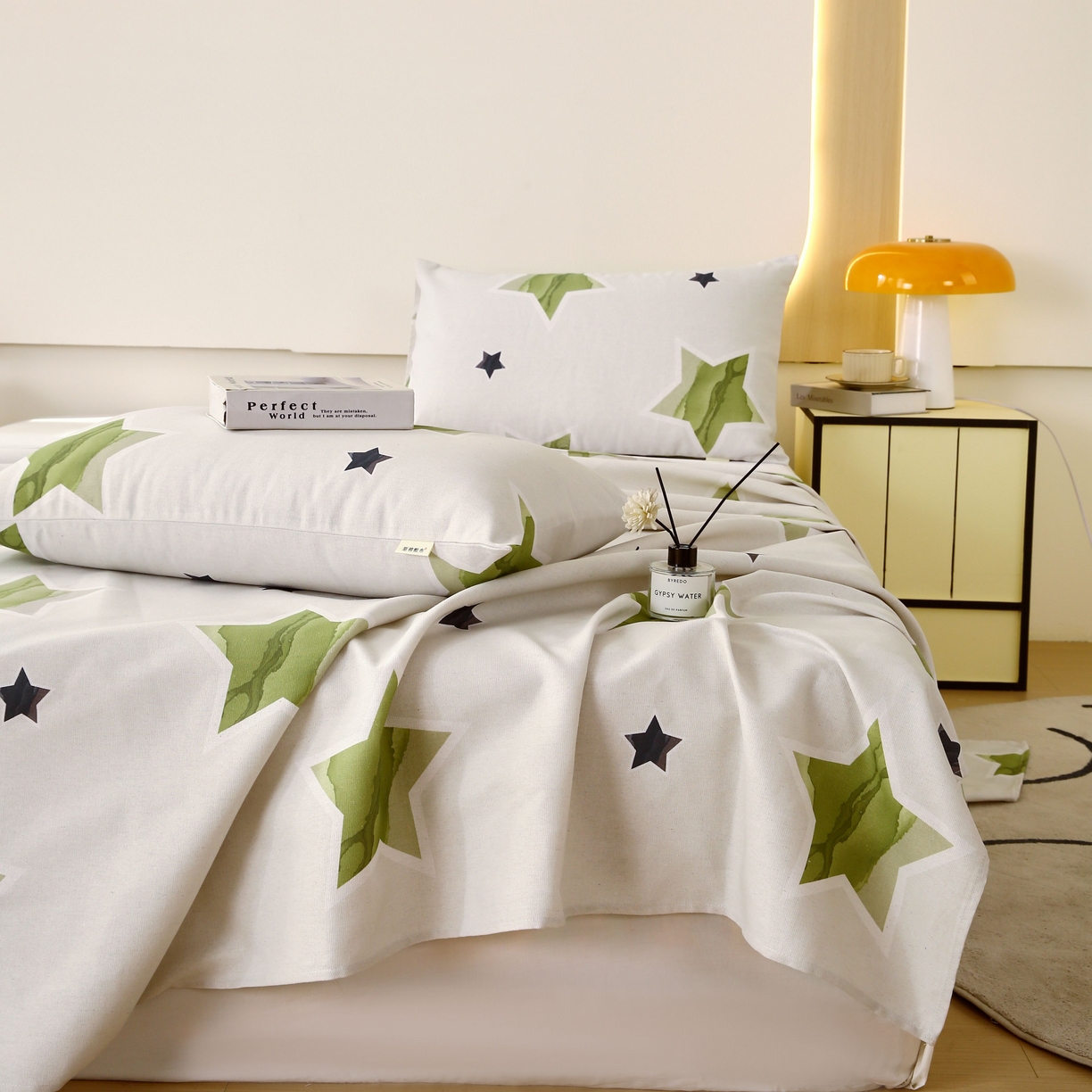 91家纺网 家纺一手货源 找家纺 爱彼家纺 2025春夏新款古艺原棉老粗布床单三件套凉席-系列四 星绿