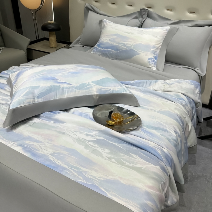 91家纺网 家纺一手货源 找家纺 2025年夏季热门冰丝数码印花单夏被夏凉被空调被 夏被-紫云蓝