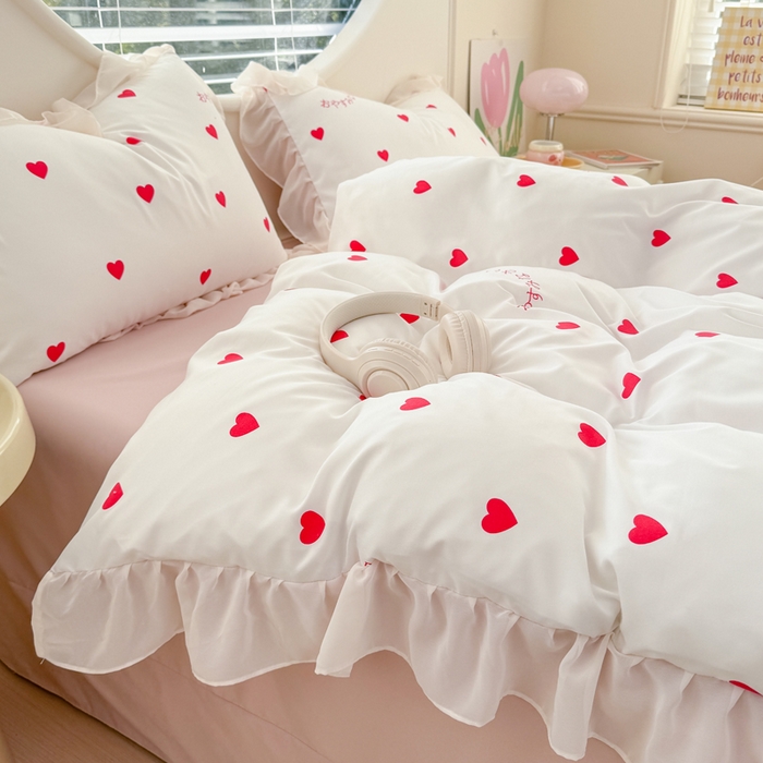 91家纺网 家纺一手货源 找家纺 苏拉家居 2025新款雪纺花边云感提花针织双层纱四件套 爱你哟