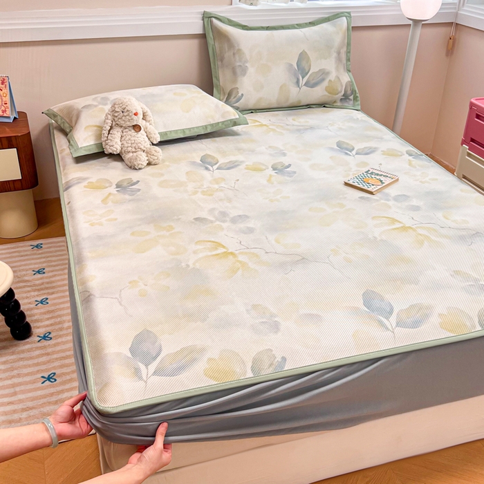 91家纺网 家纺一手货源 找家纺 慕尚家纺 2025新款数码印花床席床笠款冰藤席 床笠款-墨染