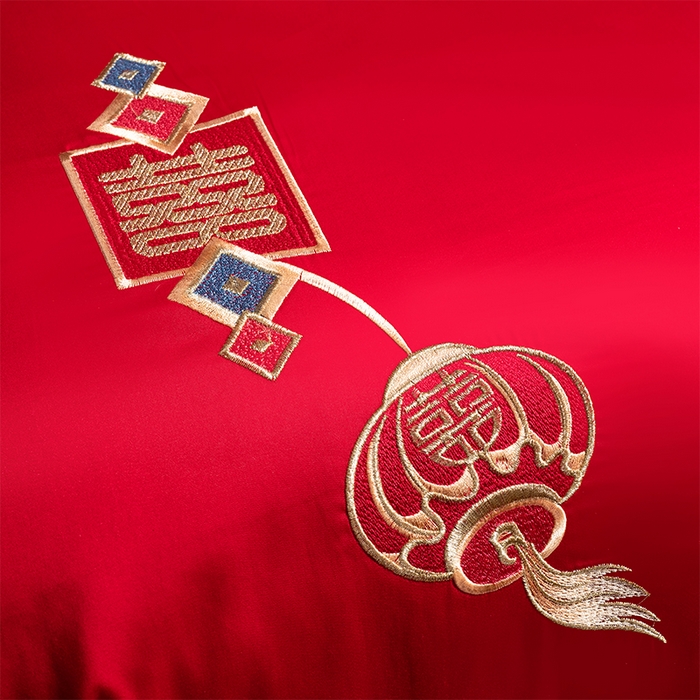 91家纺网 家纺一手货源 找家纺 博之洋婚庆 2025新款全棉长绒棉刺绣新中式婚庆系列多件套新婚快乐