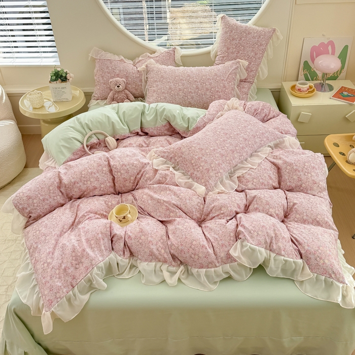 91家纺网 家纺一手货源 找家纺 苏拉家居 2025新款雪纺花边云感提花针织双层纱四件套 蔷薇花开