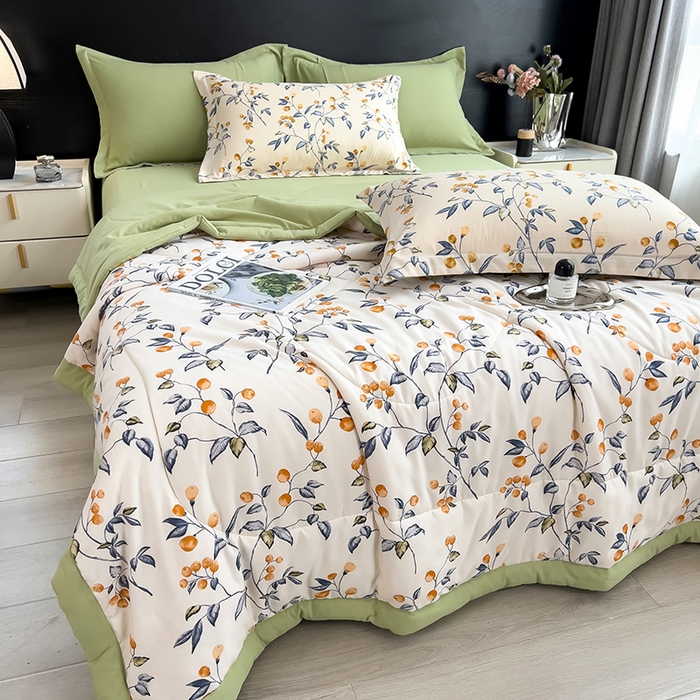 91家纺网 家纺一手货源 找家纺 宝士康家纺 2025新款10A抗菌双层纱印花夏被四件套 金桔