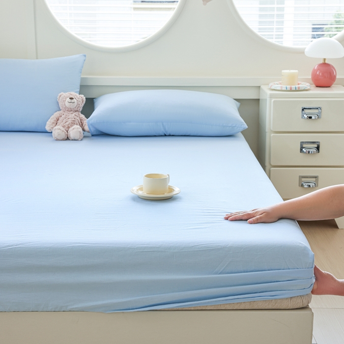 91家纺网 家纺一手货源 找家纺 2025新款全棉A类简约素色水洗棉纯棉单床笠 星空蓝