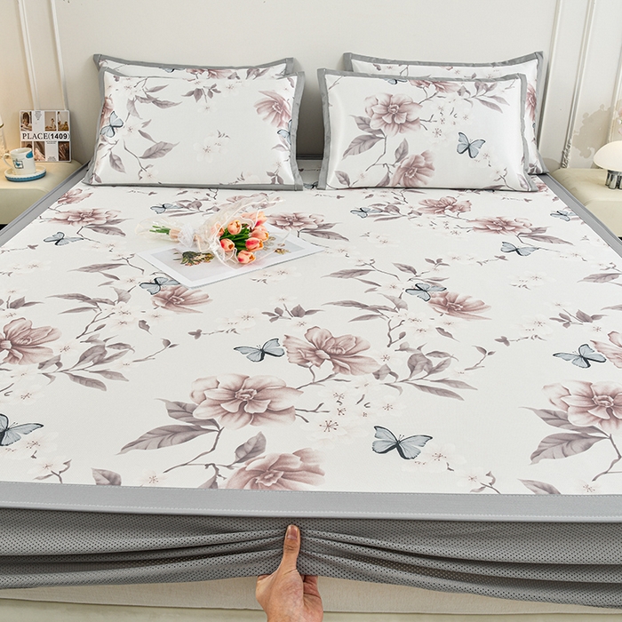 91家纺网 家纺一手货源 找家纺 简一 2025新款A类碳光印花数码冰丝凉席系列-床笠款 蝴蝶花谷