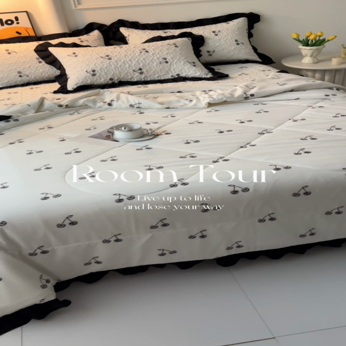 91家纺网 家纺一手货源 找家纺 蝶帕家纺 2025新款法式赫本风韩版花边床盖款夏被四件套 美味樱桃