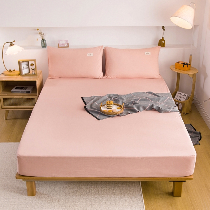 91家纺网 家纺一手货源 找家纺 2025新款全棉A类简约素色水洗棉纯棉单床笠 浅粉