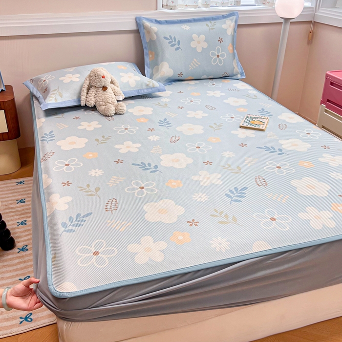 91家纺网 家纺一手货源 找家纺 慕尚家纺 2025新款数码印花床席床笠款冰藤席 床笠款-花朵蓝