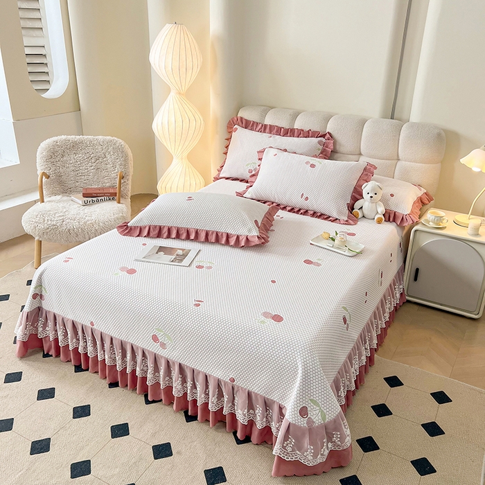 91家纺网 家纺一手货源 找家纺 2025新款A类冰豆豆提花凉席床盖 床盖款-樱桃-豆沙