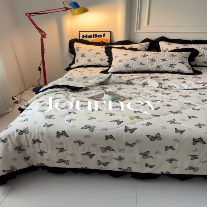 91家纺网 家纺一手货源 找家纺 蝶帕家纺 2025新款法式赫本风韩版花边床盖款夏被四件套 蝴蝶印记