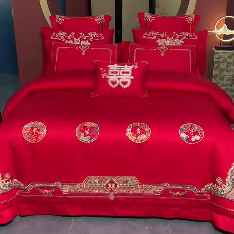 91家纺网 家纺一手货源 找家纺 博之洋婚庆 2025新款全棉长绒棉刺绣新中式婚庆系列多件套江山如画早生贵子