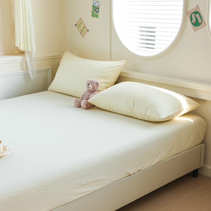 91家纺网 家纺一手货源 找家纺 2025新款全棉A类简约素色水洗棉纯棉单床笠 奶黄