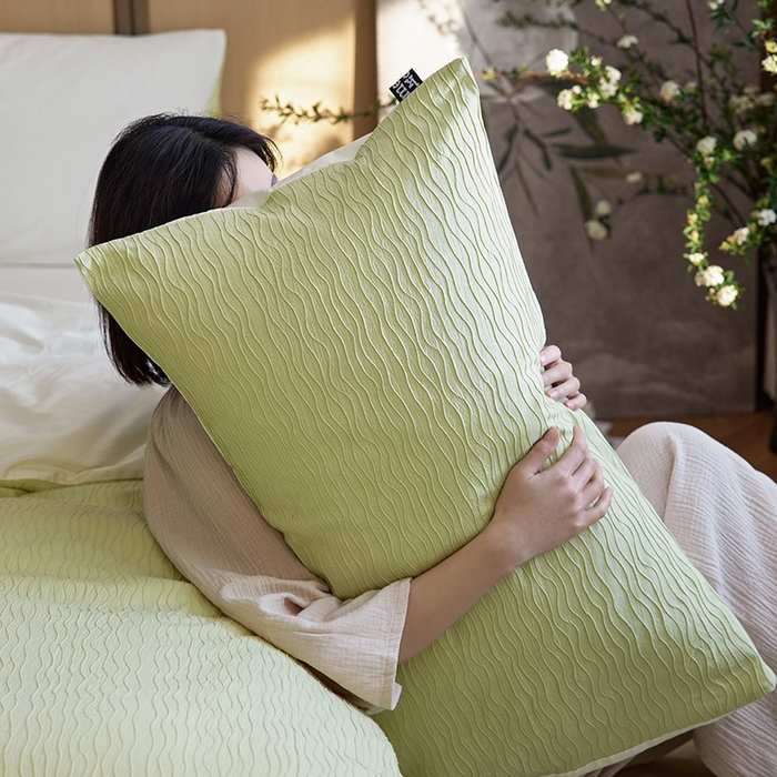 91家纺网 家纺一手货源 找家纺 风向标家纺 2025新款全棉波纹纱提花原木风四件套 波纹纱-心漾绿