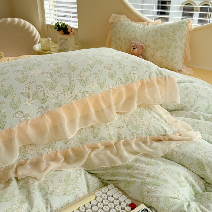 91家纺网 家纺一手货源 找家纺 苏拉家居 2025新款雪纺花边云感提花针织双层纱四件套 风铃草