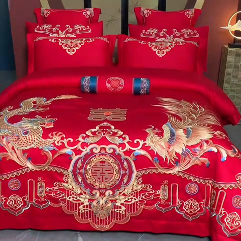 91家纺网 家纺一手货源 找家纺 博之洋婚庆 2025新款全棉长绒棉刺绣新中式婚庆系列多件套龙凤大喜