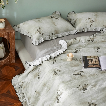 安莱生活 2025新款全棉精梳棉双层纱绉纱数码印花夏凉被 云屿间-绿  夏被