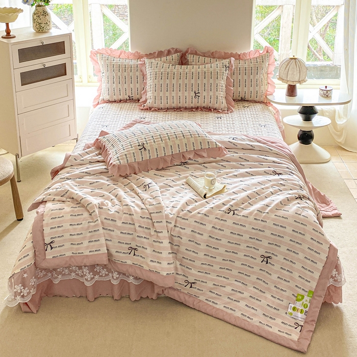 91家纺网 家纺一手货源 找家纺 2025新款直播热款A类针织棉双层纱床盖款夏被四件套 min-粉