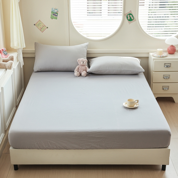 91家纺网 家纺一手货源 找家纺 2025新款全棉A类简约素色水洗棉纯棉单床笠 浅灰