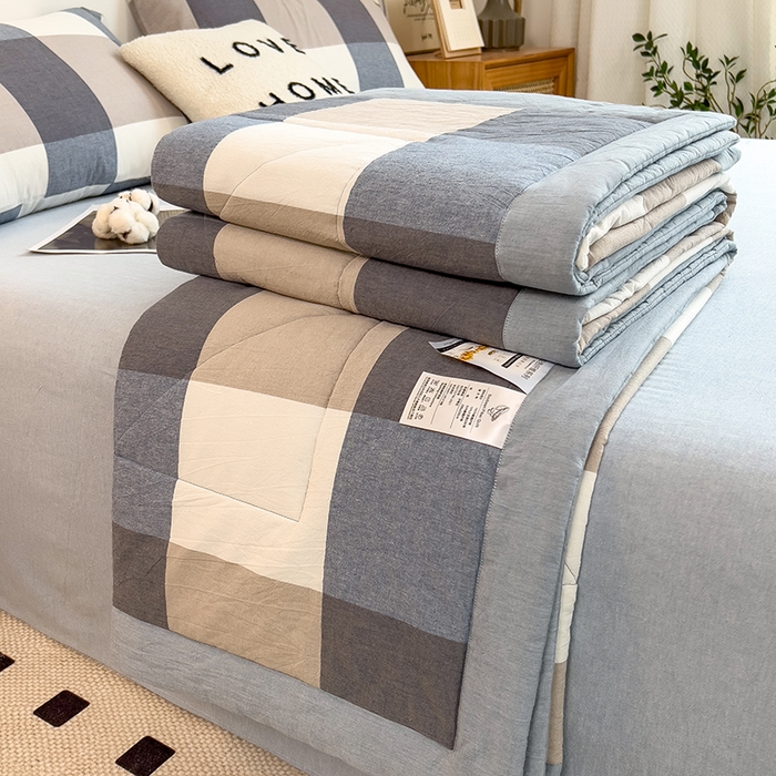 91家纺网 家纺一手货源 找家纺 宝士康家纺 2025新款10A抗菌无印风夏被四件套 深蓝大格