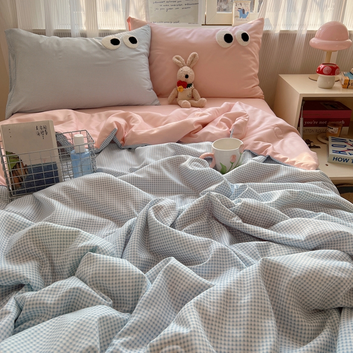 91家纺网 家纺一手货源 找家纺 慕尚家纺 2025新款大眼萌仔夏被 大眼萌 蓝格粉