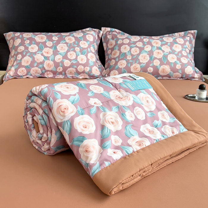 91家纺网 家纺一手货源 找家纺 宝士康家纺 2025新款10A抗菌双层纱印花夏被四件套 夏日玫瑰