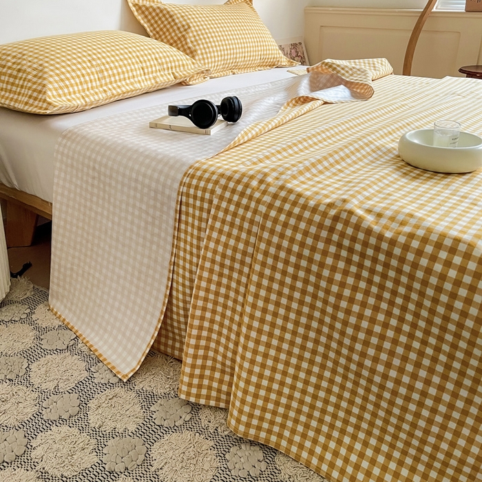 91家纺网 家纺一手货源 找家纺 久云居 2025新款亲肤舒适全棉色织防水床单 黄小格