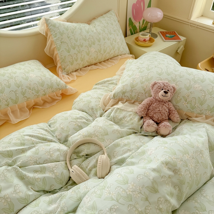 91家纺网 家纺一手货源 找家纺 苏拉家居 2025新款雪纺花边云感提花针织双层纱四件套 风铃草