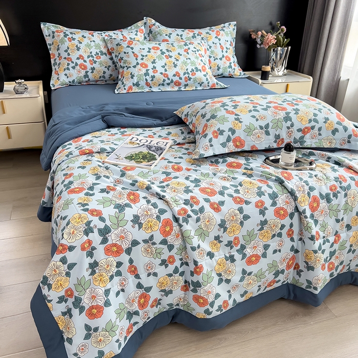 91家纺网 家纺一手货源 找家纺 宝士康家纺 2025新款10A抗菌双层纱印花夏被四件套 青阳蓝