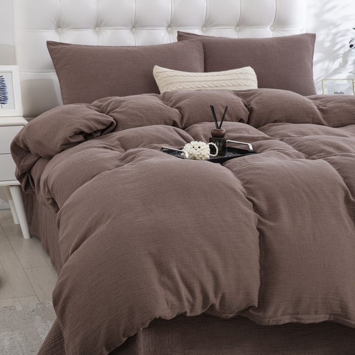 91家纺网 家纺一手货源 找家纺 （总）2025新款全棉色织双层纱拉链款四件套 千禧格-咖