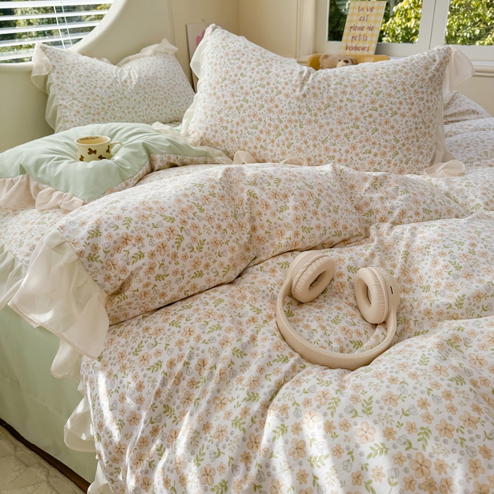 91家纺网 家纺一手货源 找家纺 苏拉家居 2025新款雪纺花边云感提花针织双层纱四件套 繁花