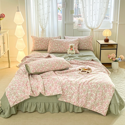 91家纺网 家纺一手货源 找家纺 2025新款针织双层纱夏被床盖四件套单夏被单床盖单品 清荷