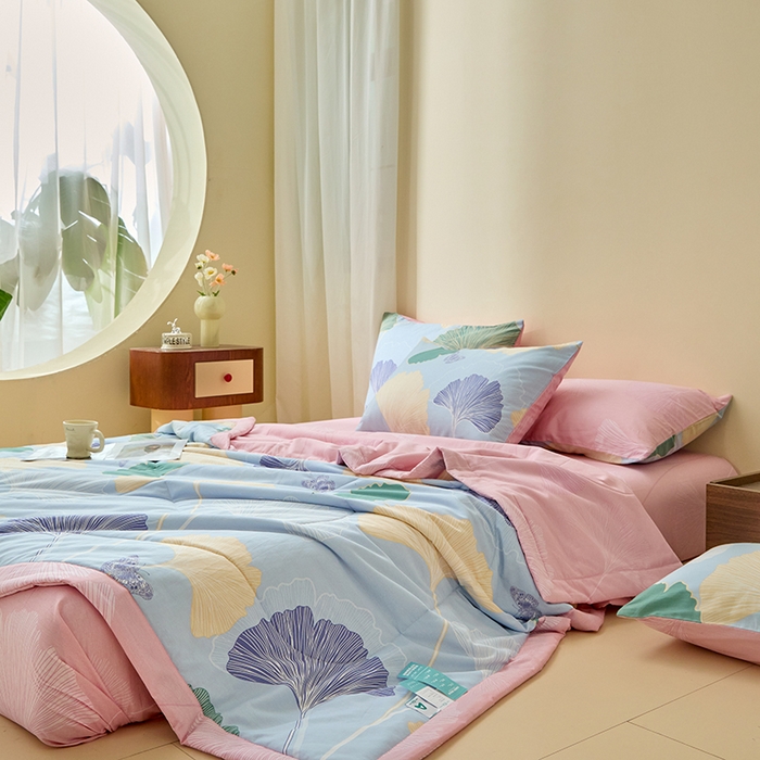 91家纺网 家纺一手货源 找家纺 宝士康家纺 2025新款10A抗菌全棉夏被四件套（床笠款） 蝶舞杏运