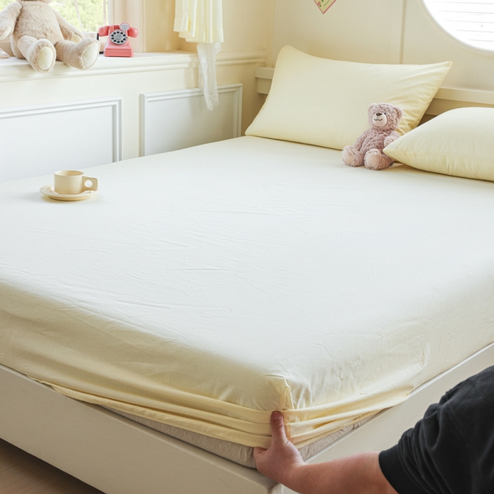 91家纺网 家纺一手货源 找家纺 2025新款全棉A类简约素色水洗棉纯棉单床笠 奶黄